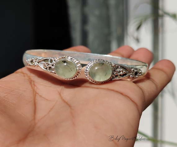 925 Sterling Silver Prehnite Bangle: Handmade Adjustable Cuff Bracelet Jewelry
