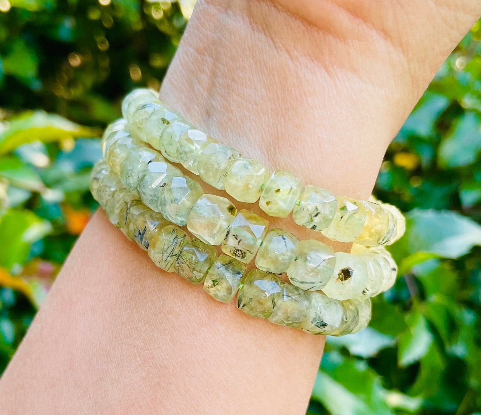 Faceted Prehnite Crystal Bracelet: Beaded Gemstone Jewelry