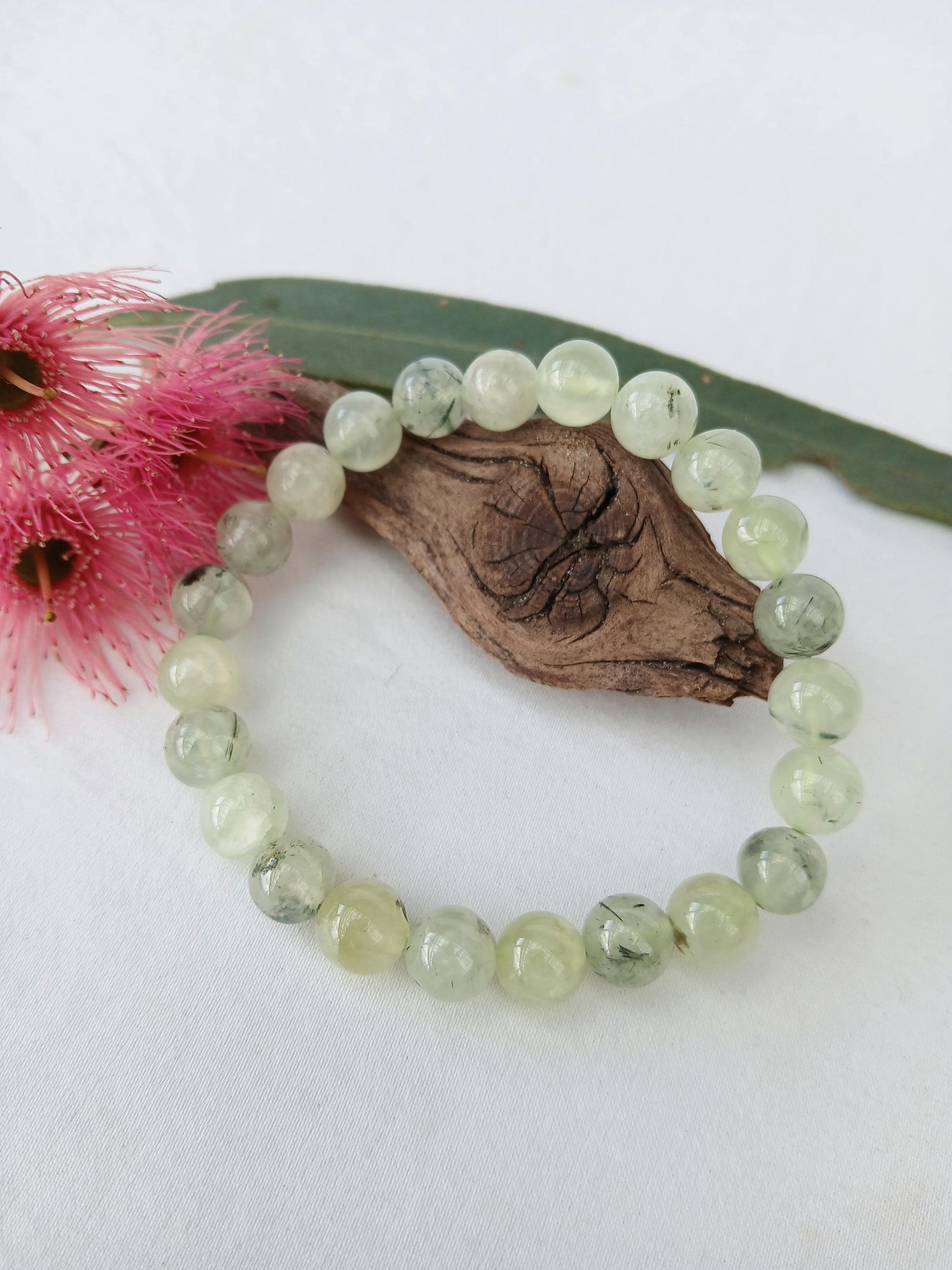 Prehnite Gemstone Bracelet: Translucent Yellow Green Lime Beads (8mm)