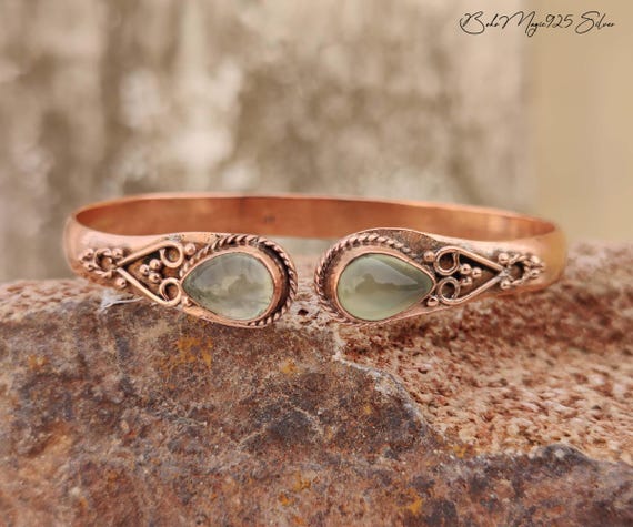 Handmade Prehnite Copper Bangle: Adjustable Gemstone Cuff