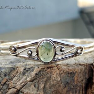 Handmade Prehnite Gemstone Bangle: Adjustable Sterling Silver Cuff Handmade Prehnite Gemstone Bangle: Adjustable Sterling Silver Cuff