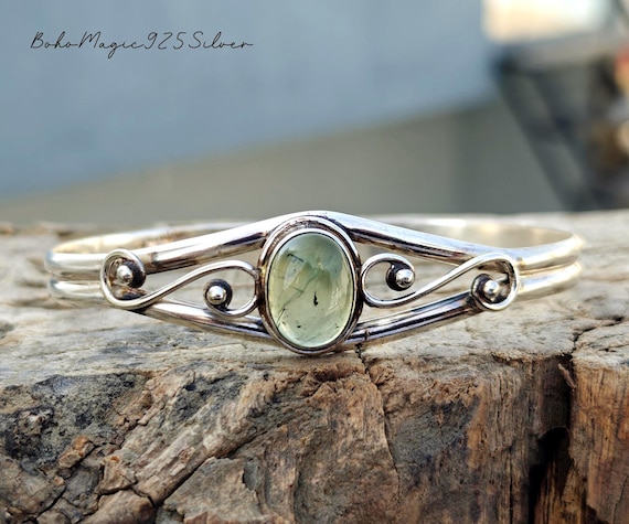 Handmade Prehnite Gemstone Bangle: Adjustable Sterling Silver Cuff