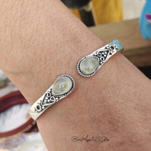Handmade Prehnite Gemstone Bangle: Adjustable Sterling Silver Cuff Handmade Prehnite Gemstone Bangle: Adjustable Sterling Silver Cuff