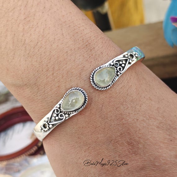 Handmade Prehnite Gemstone Bangle: Adjustable Sterling Silver Cuff