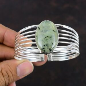 Handmade Moss Prehnite Bangle: 925 Sterling Silver Cuff, Adjustable Handmade Moss Prehnite Bangle: 925 Sterling Silver Cuff, Adjustable