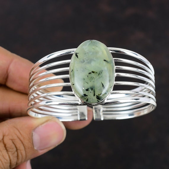 Handmade Moss Prehnite Bangle: 925 Sterling Silver Cuff, Adjustable