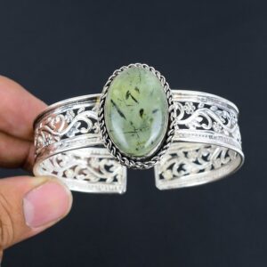 Handmade Moss Prehnite Cuff: Adjustable 925 Sterling Silver Bangle Handmade Moss Prehnite Cuff: Adjustable 925 Sterling Silver Bangle