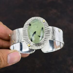 Handmade Moss Prehnite Cuff Bracelet: 925 Sterling Silver Adjustable Bangle Handmade Moss Prehnite Cuff Bracelet: 925 Sterling Silver Adjustable Bangle