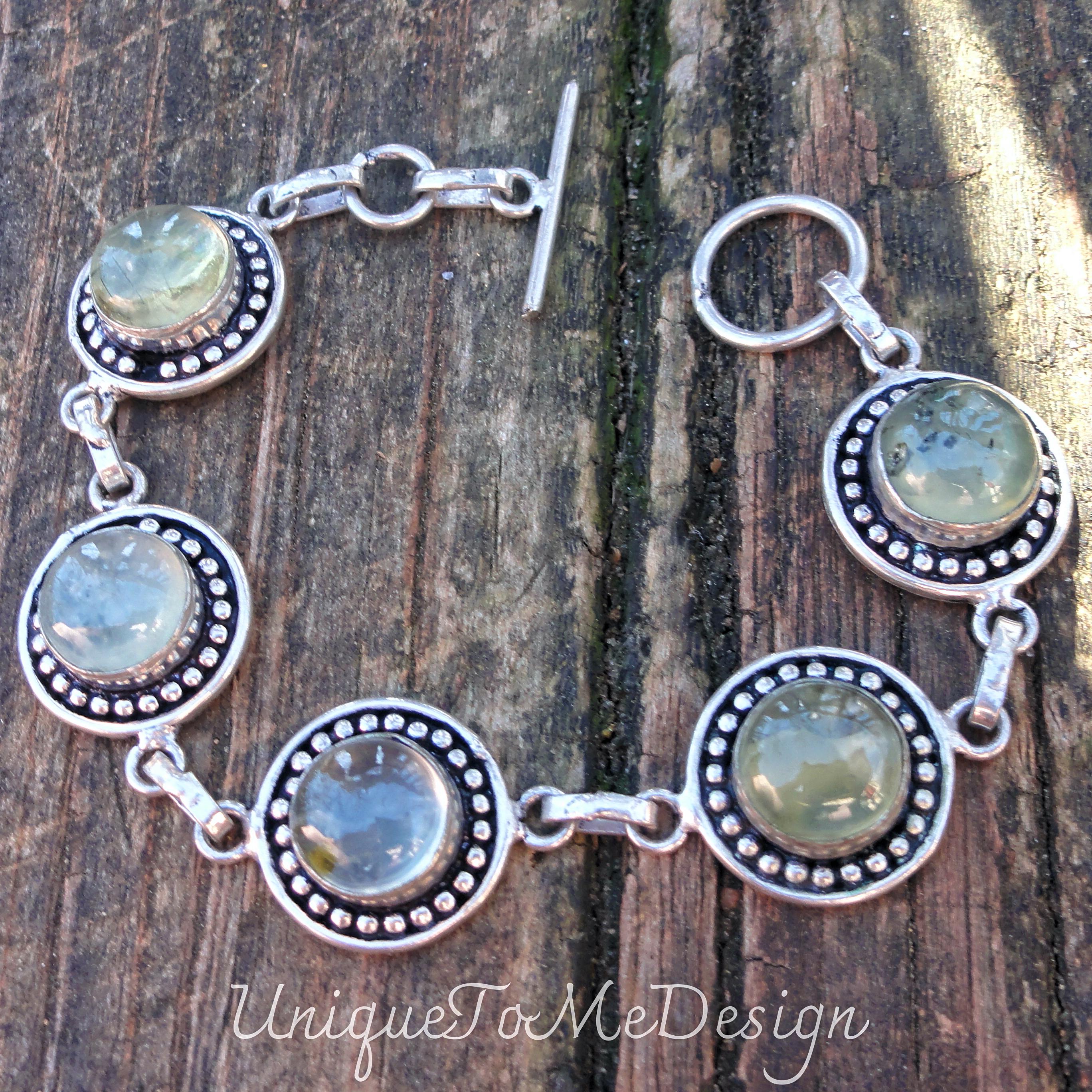 Handmade Sterling Silver Green Prehnite Gemstone Bracelet - 7 Inch Handmade Sterling Silver Green Prehnite Gemstone Bracelet - 7 Inch