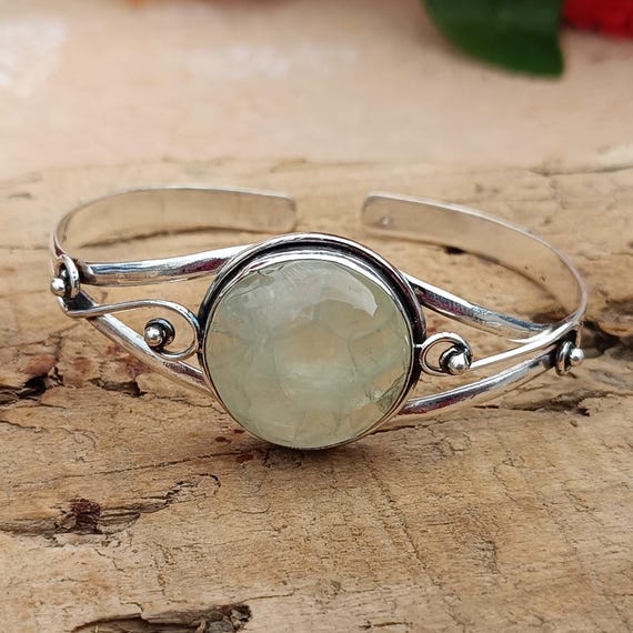 Handmade Prehnite Sterling Silver Cuff Bangle: Gemstone Jewelry Handmade Prehnite Sterling Silver Cuff Bangle: Gemstone Jewelry