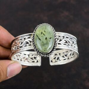 Moss Prehnite Bangle, Adjustable 925 Sterling Silver Cuff Moss Prehnite Bangle, Adjustable 925 Sterling Silver Cuff