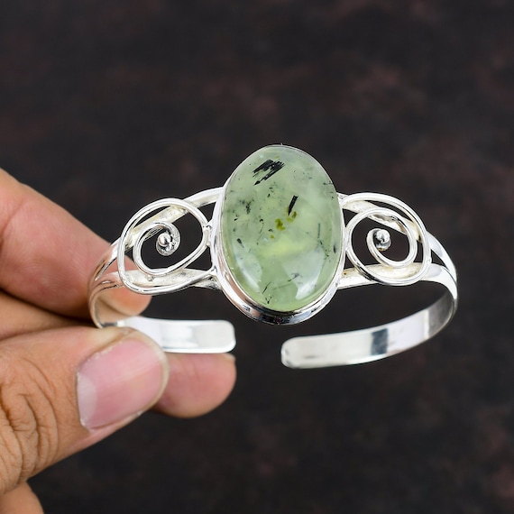 Moss Prehnite Bangle: Handmade 925 Sterling Silver Adjustable Cuff