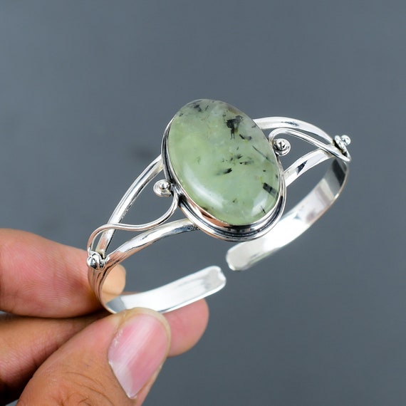 Moss Prehnite Bangle: Handmade 925 Sterling Silver Adjustable Cuff