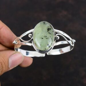 Moss Prehnite Cuff Bracelet: Dainty Sterling Silver Bangle, Adjustable Moss Prehnite Cuff Bracelet: Dainty Sterling Silver Bangle, Adjustable