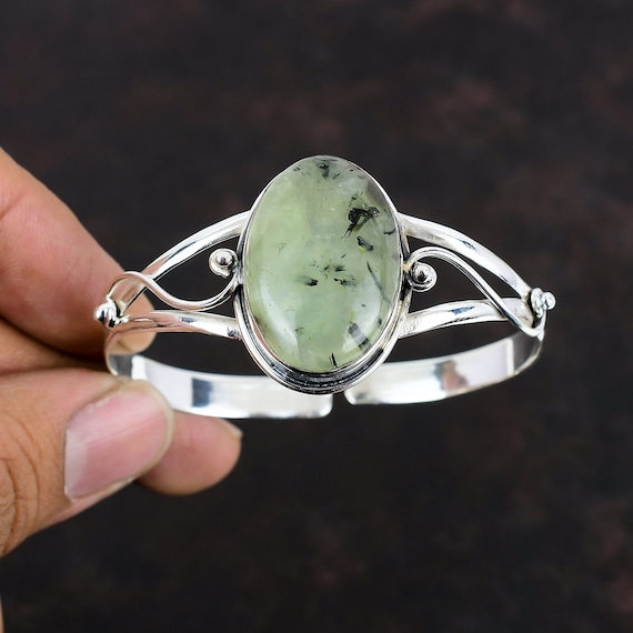 Moss Prehnite Cuff Bracelet: Dainty Sterling Silver Bangle, Adjustable Moss Prehnite Cuff Bracelet: Dainty Sterling Silver Bangle, Adjustable