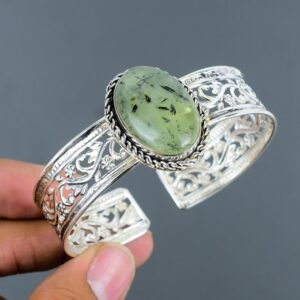 Moss Prehnite Cuff: Handmade 925 Sterling Silver Adjustable Bangle Moss Prehnite Cuff: Handmade 925 Sterling Silver Adjustable Bangle