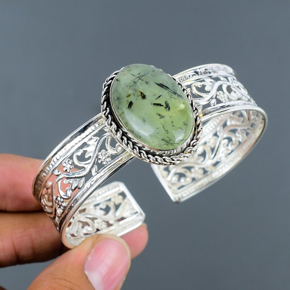 Moss Prehnite Cuff Bracelet: Handmade 925 Sterling Silver Adjustable Bangle