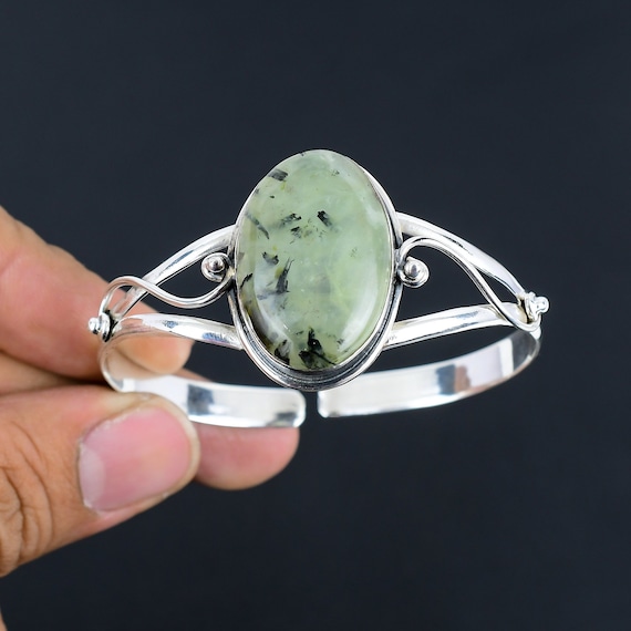 Moss Prehnite Gemstone Bangle: Handmade 925 Sterling Silver Cuff