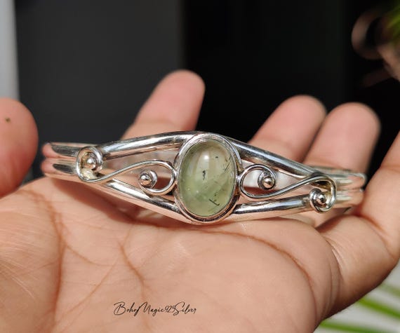 Natural Prehnite Adjustable Bracelet Bangle, Gift Item For Women, Sterling Silver Jewelry