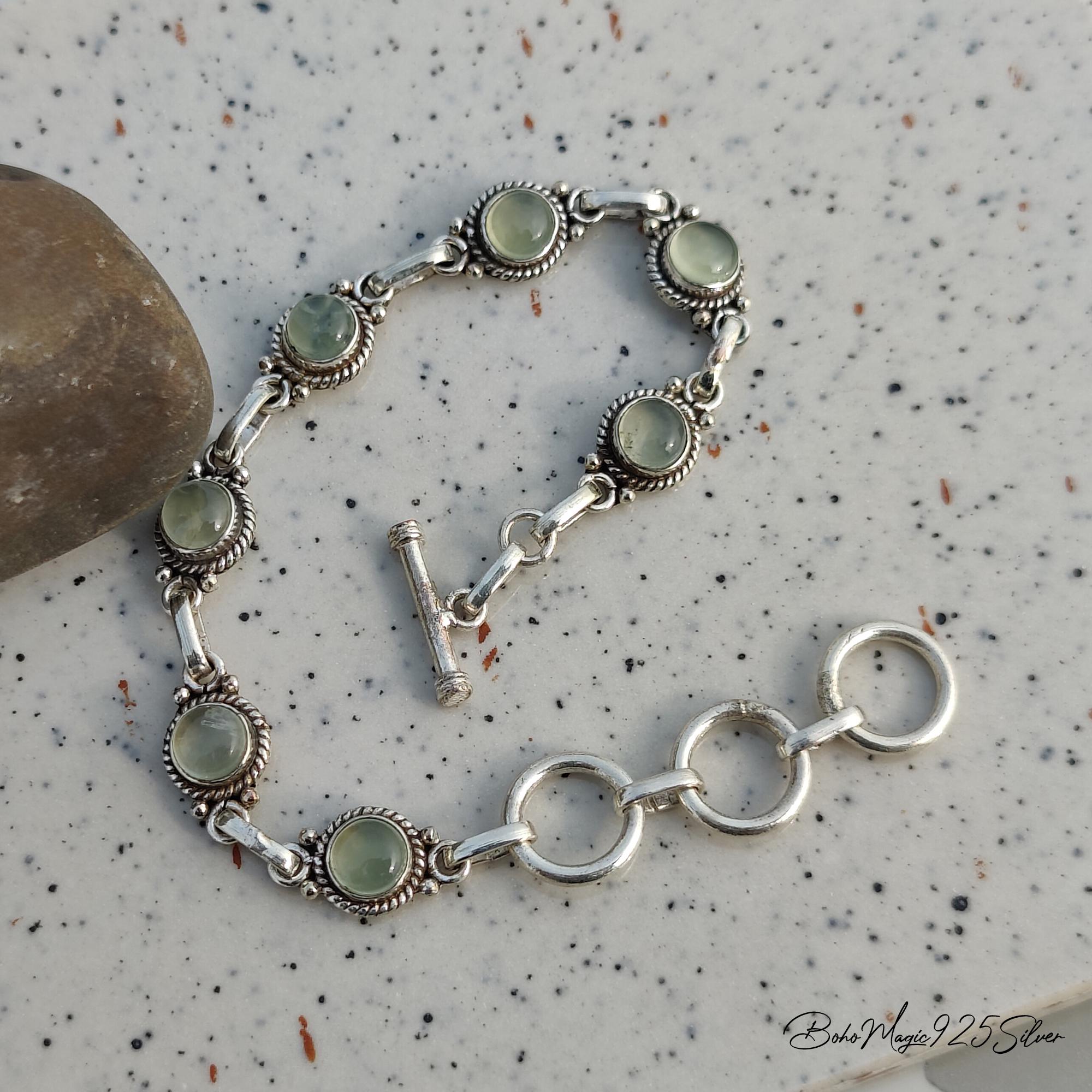 Natural Prehnite Gemstone Bracelet / 925 Sterling Silver Women Jewelry / Handmade Adjustable Bracelet