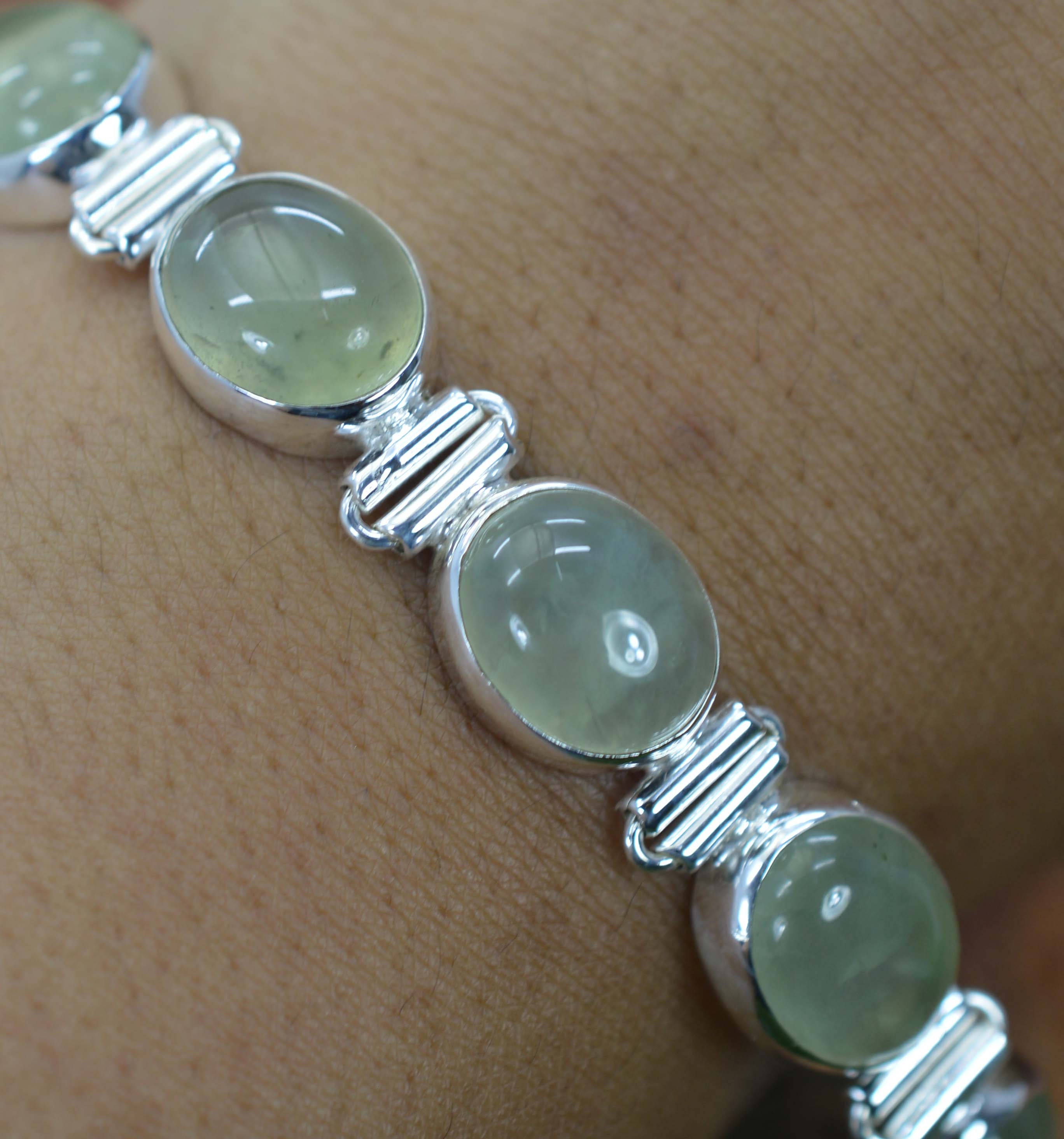 Natural Green Prehnite 925 Sterling Silver Oval Shape Bracelet