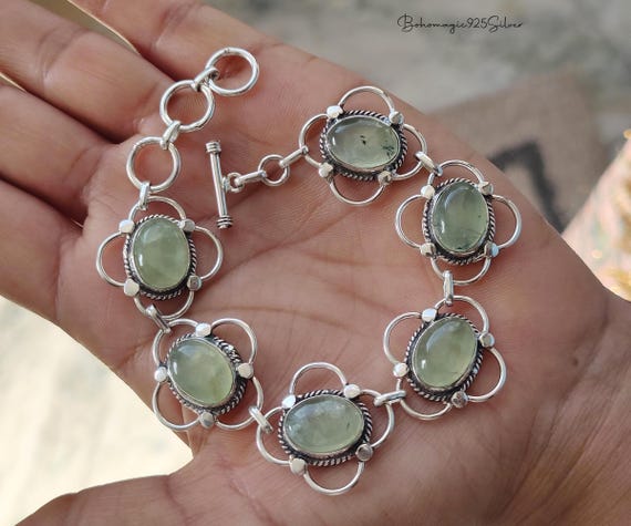 Prehnite Sterling Silver Bracelet: Handmade Gemstone Jewelry, Birthstone Gifts For Women Prehnite Sterling Silver Bracelet: Handmade Gemstone Jewelry, Birthstone Gifts For Women