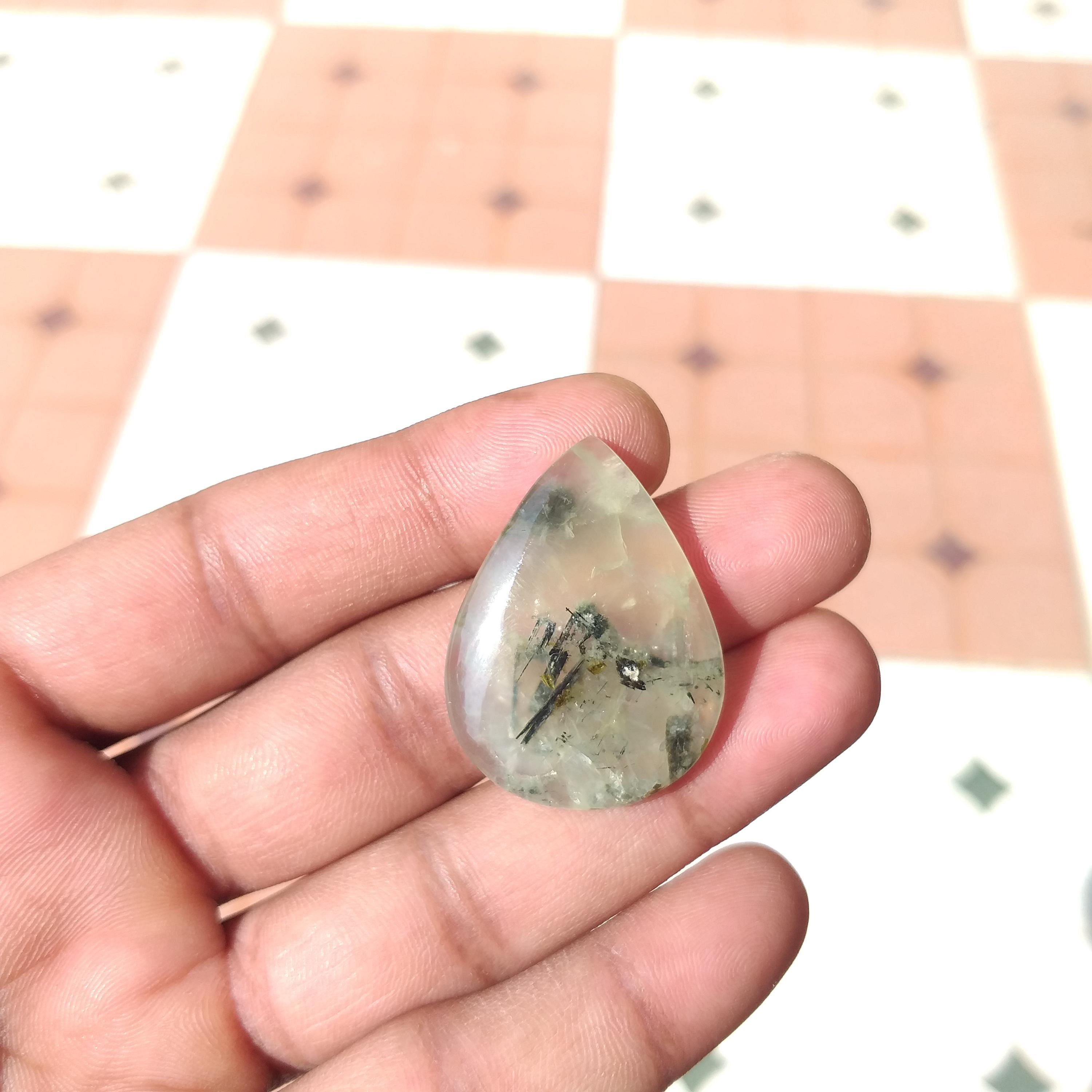 Prehnite Gemstone Pear Cabochon : Natural Jewelry Stone - 51 Carat (36x26x6 Mm)