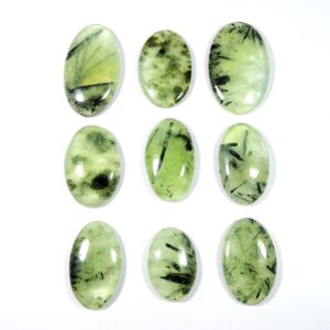 Green Prehnite Cabochon. Natural Black Needle Prehnite. Green Rutlated Prehnite Gemstone. Oval Shape Wholesale Polished Prehnite For Jewelry
