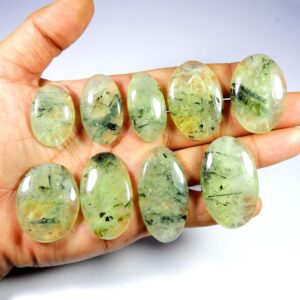 Green Prehnite Cabochon. Green Rutlated Prehnite Gemstone. Natural Black Needle Prehnite. Oval Shape Wholesale Polished Prehnite For Jewelry