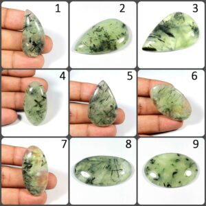 Green Rutlated Prehnite Gemstone. Green Prehnite Cabochon. Natural Black Needle Prehnite. Wholesale Prehnite For Jewelry. Variation Pr-b