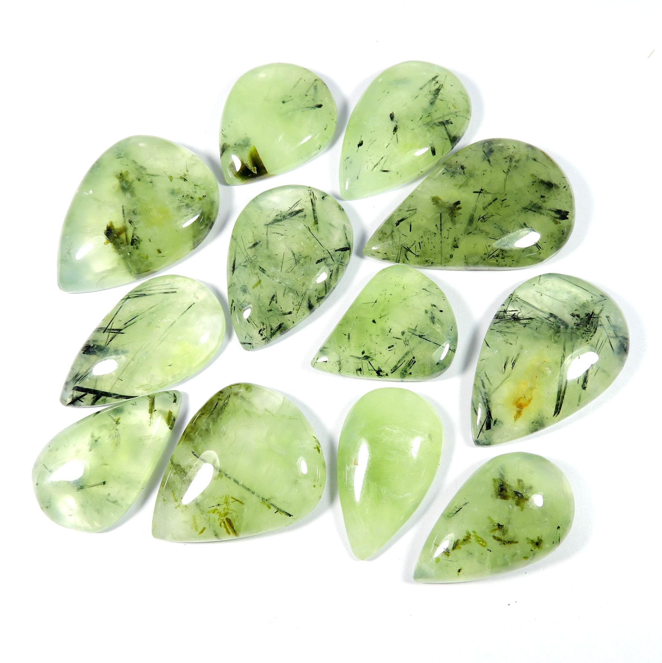 Green Rutlated Prehnite Gemstone. Green Prehnite Cabochon. Natural Black Needle Prehnite. Pear Shape Wholesale Polished Prehnite For Jewelry