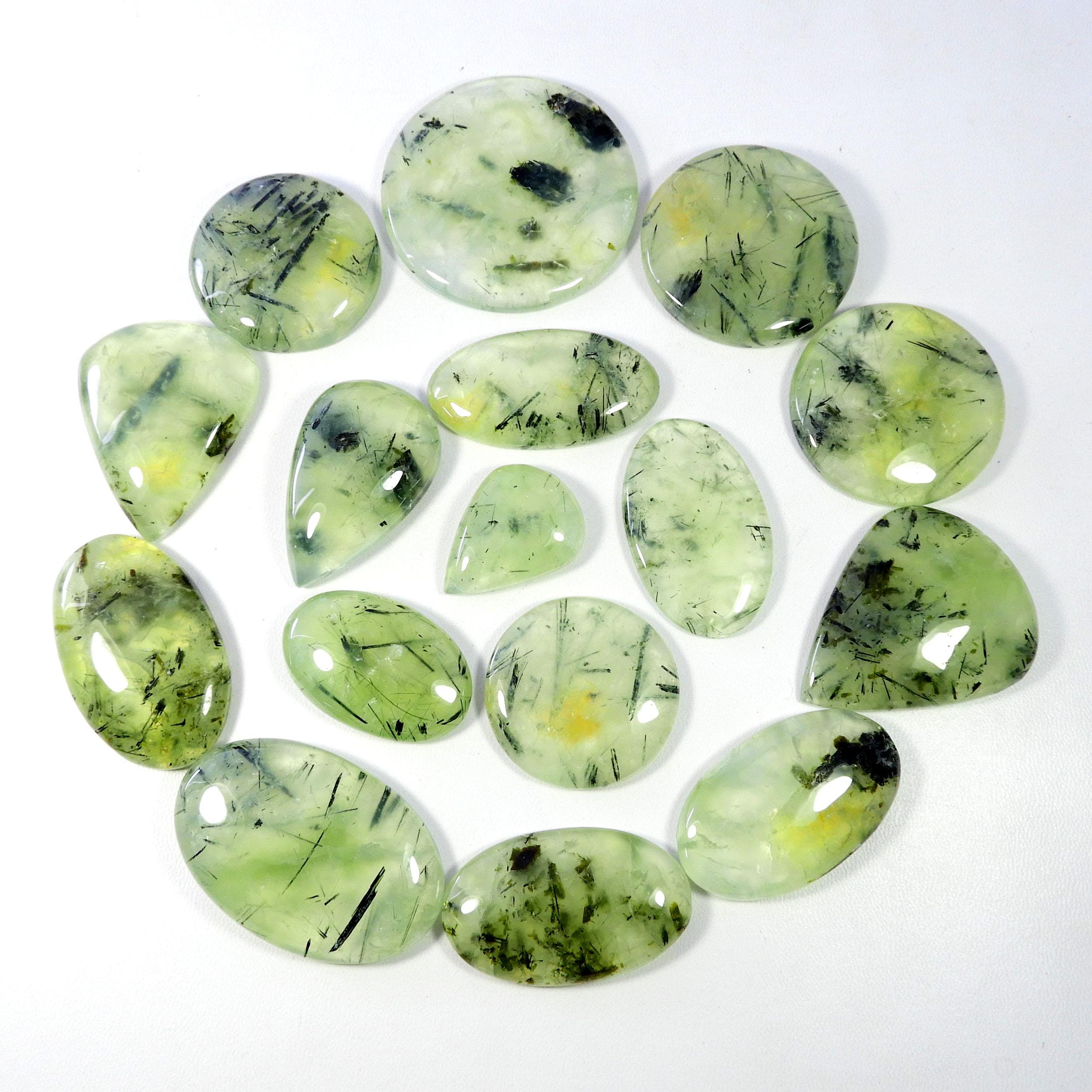 Green Rutlated Prehnite Gemstone. Green Prehnite Cabochon. Natural Black Needle Prehnite. Oval Shape Wholesale Polished Prehnite For Jewelry