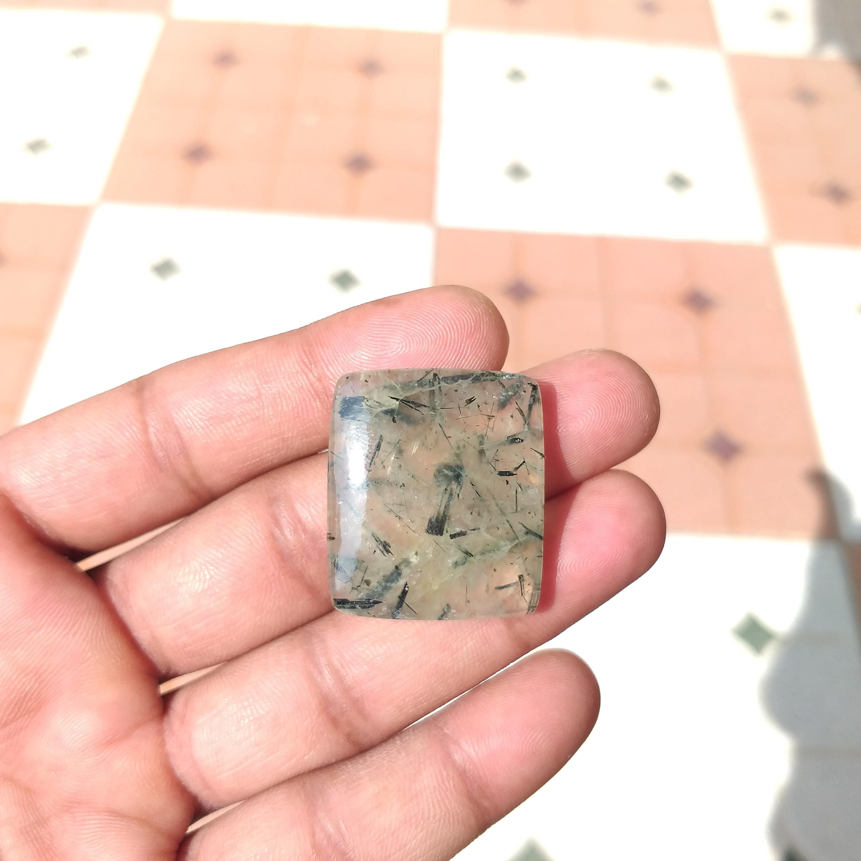 Natural Prehnite Gemstone Baguette Cabochon : 66 Carat Jewelry Stone (31x27x6 Mm)