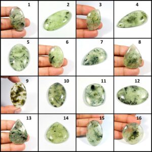 Natural Prehnite Cabochon. Unique~ Prehnite Gemstone. Green Prehnite. Black Needle Rutlated Prehnite Mix Shape For Jewelry. Variation