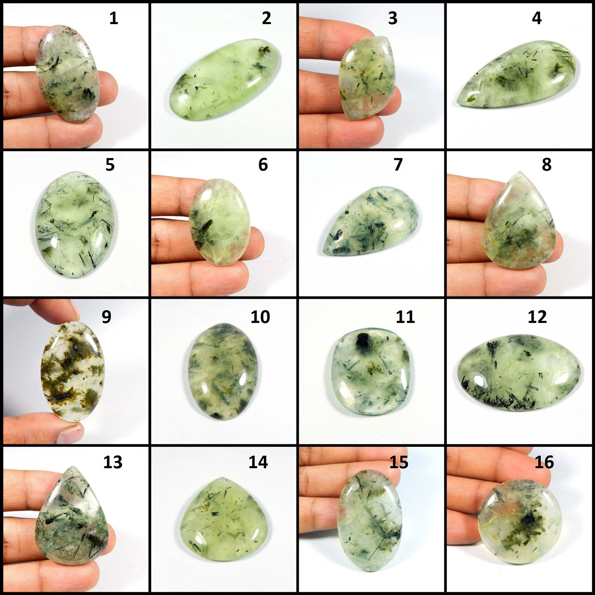 Natural Prehnite Cabochon. Unique~ Prehnite Gemstone. Green Prehnite. Black Needle Rutlated Prehnite Mix Shape For Jewelry. Variation Natural Prehnite Cabochon. Unique~ Prehnite Gemstone. Green Prehnite. Black Needle Rutlated Prehnite Mix Shape For Jewelry. Variation