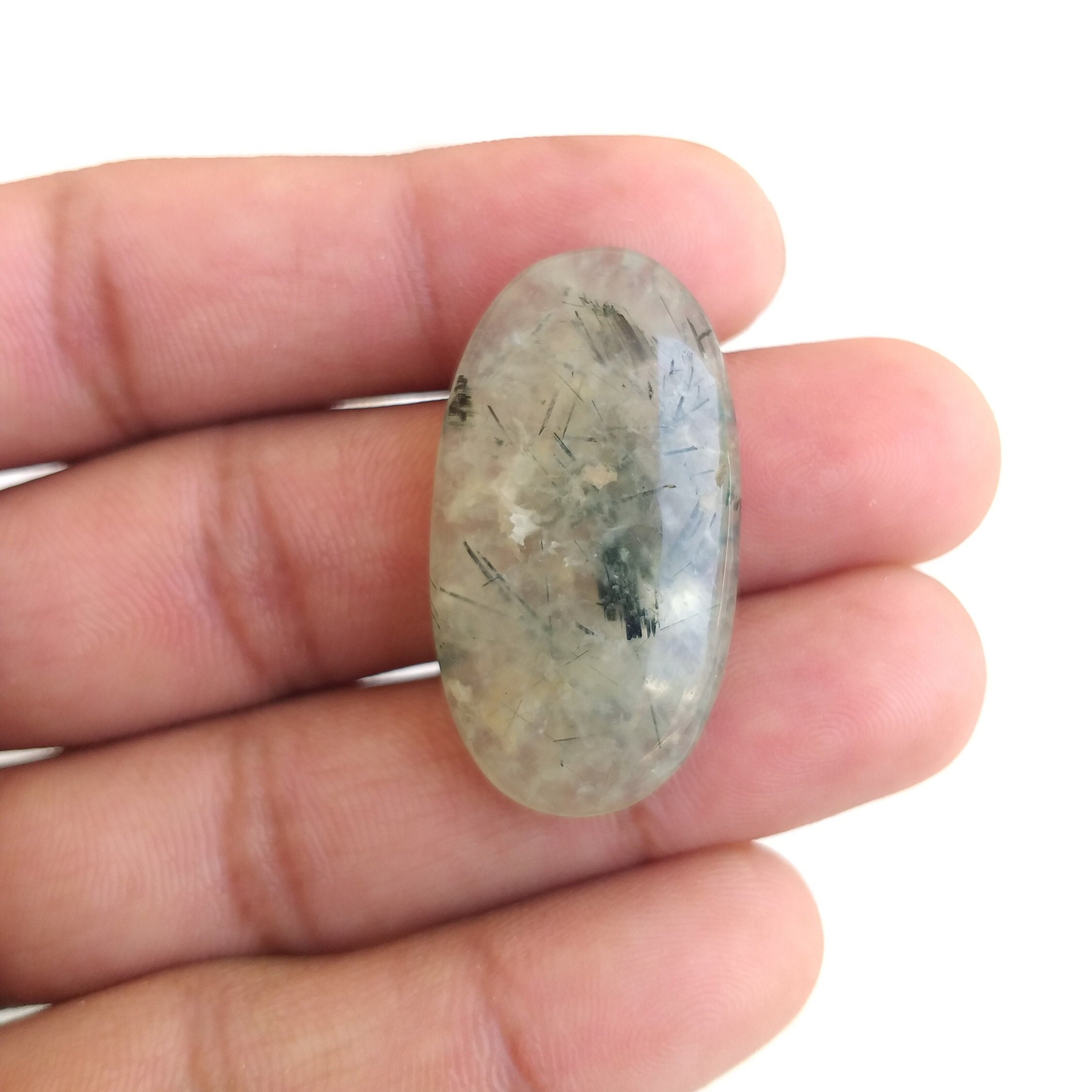 Oval Prehnite Cabochon Gemstone: 47.5 Carat Natural Stone (36x19x7 Mm)