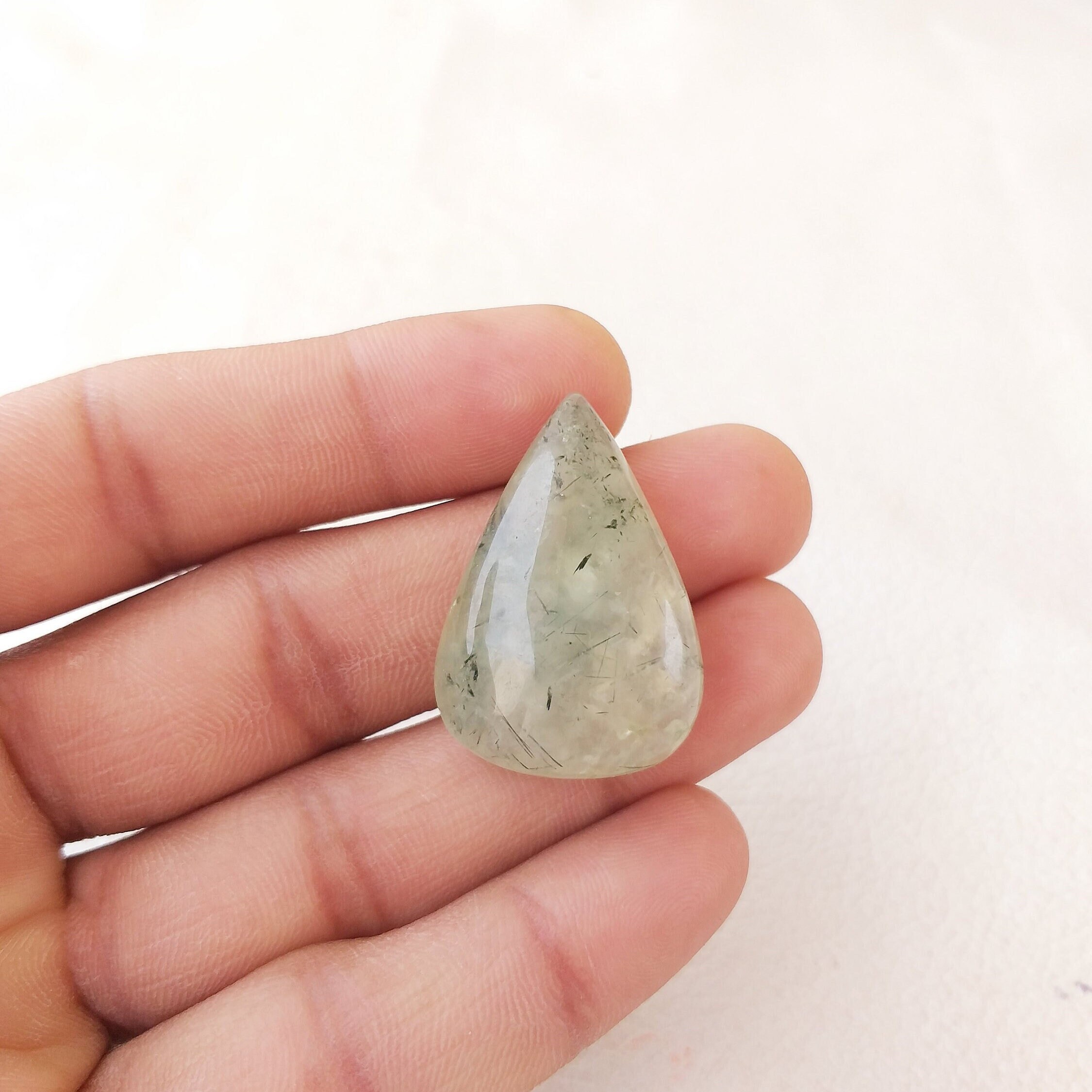 Pear Prehnite Cabochon Gemstone: 61.5 Carat Jewelry Stone (34x23x11 Mm)