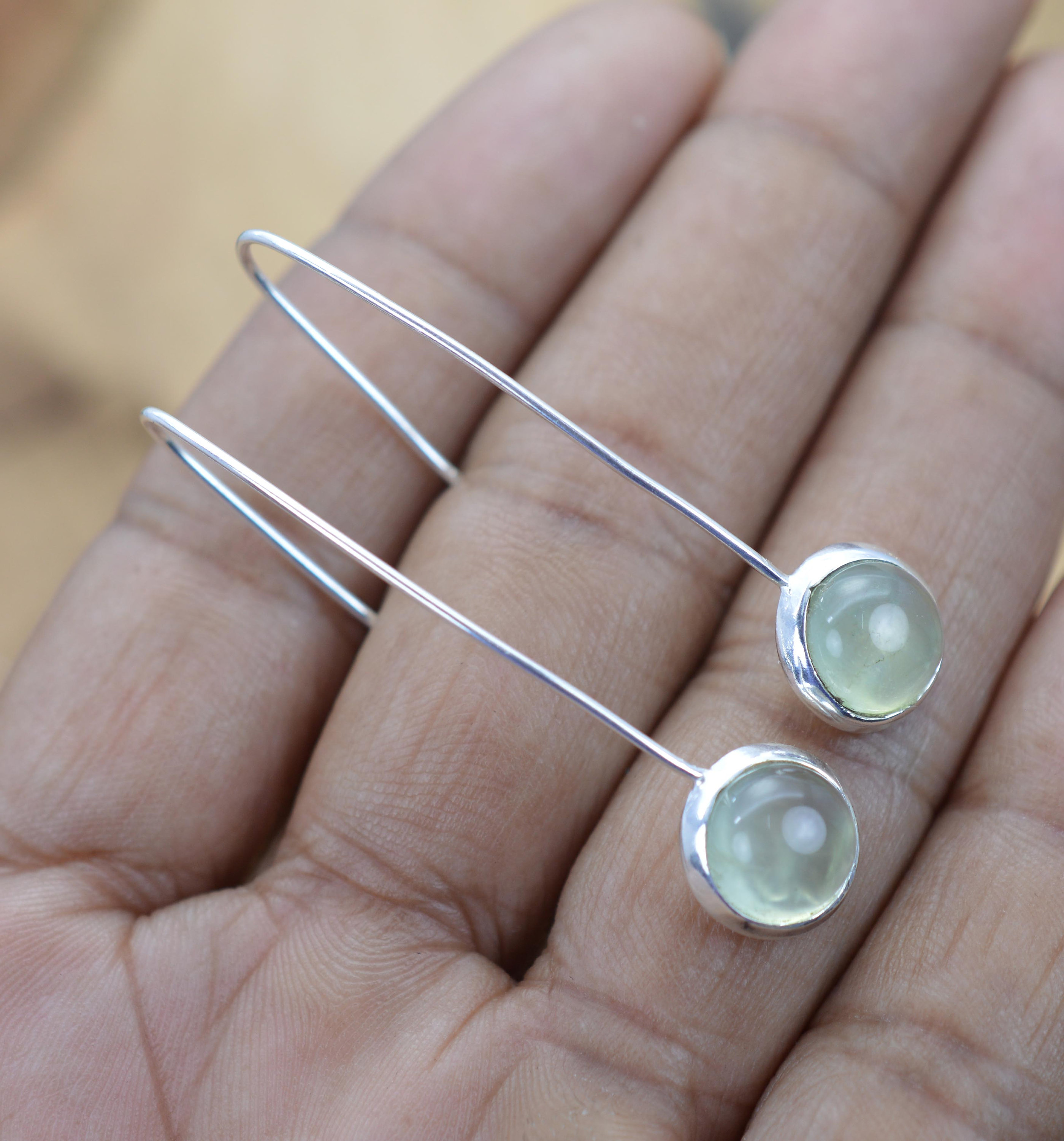 Prehnite 925 Sterling Silver Drop Earrings, Gemstone Jewelry, Round Shape Silver Earring