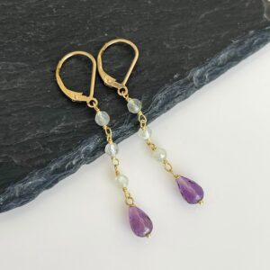 Amethyst and Prehnite Earrings, Purple and Green Dangle Drops, Elegant Beaded Earrings Gold or Silver, February Birthstone, Gift for women