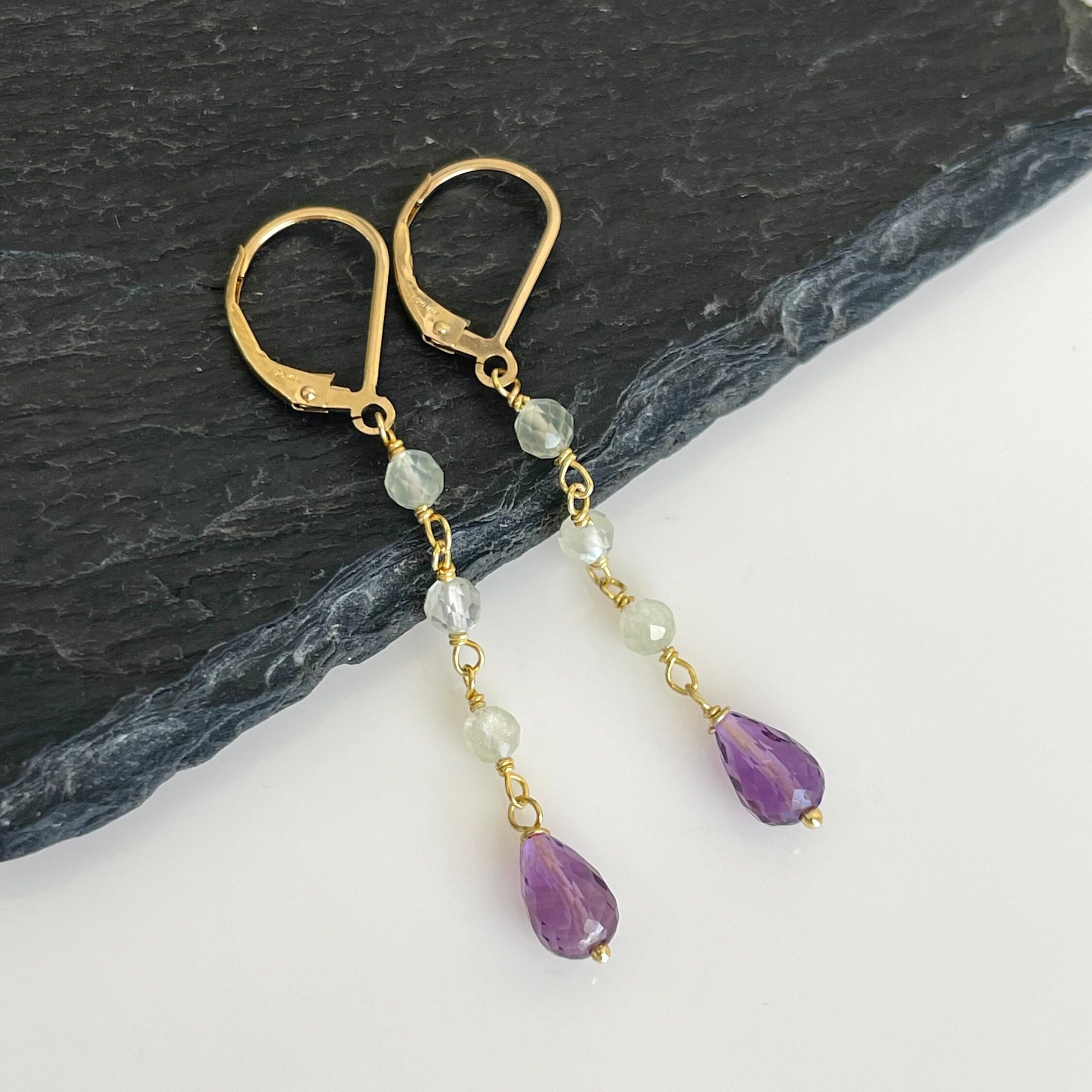 Amethyst And Prehnite Earrings, Purple And Green Dangle Drops, Elegant Beaded Earrings Gold Or Silver, February Birthstone, Gift For Women