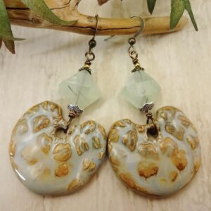 Artisan Ceramic Prehnite Earrings: Light Green Tan Gemstone