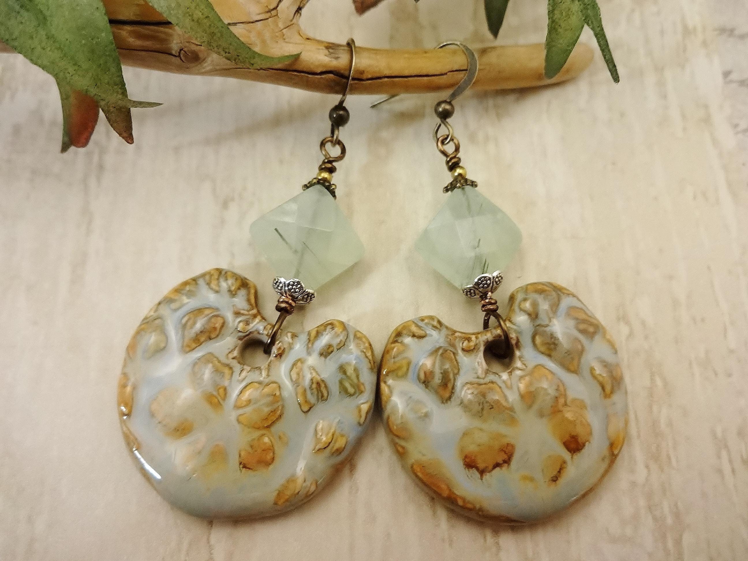 Artisan Ceramic Prehnite Earrings: Light Green Tan Gemstone