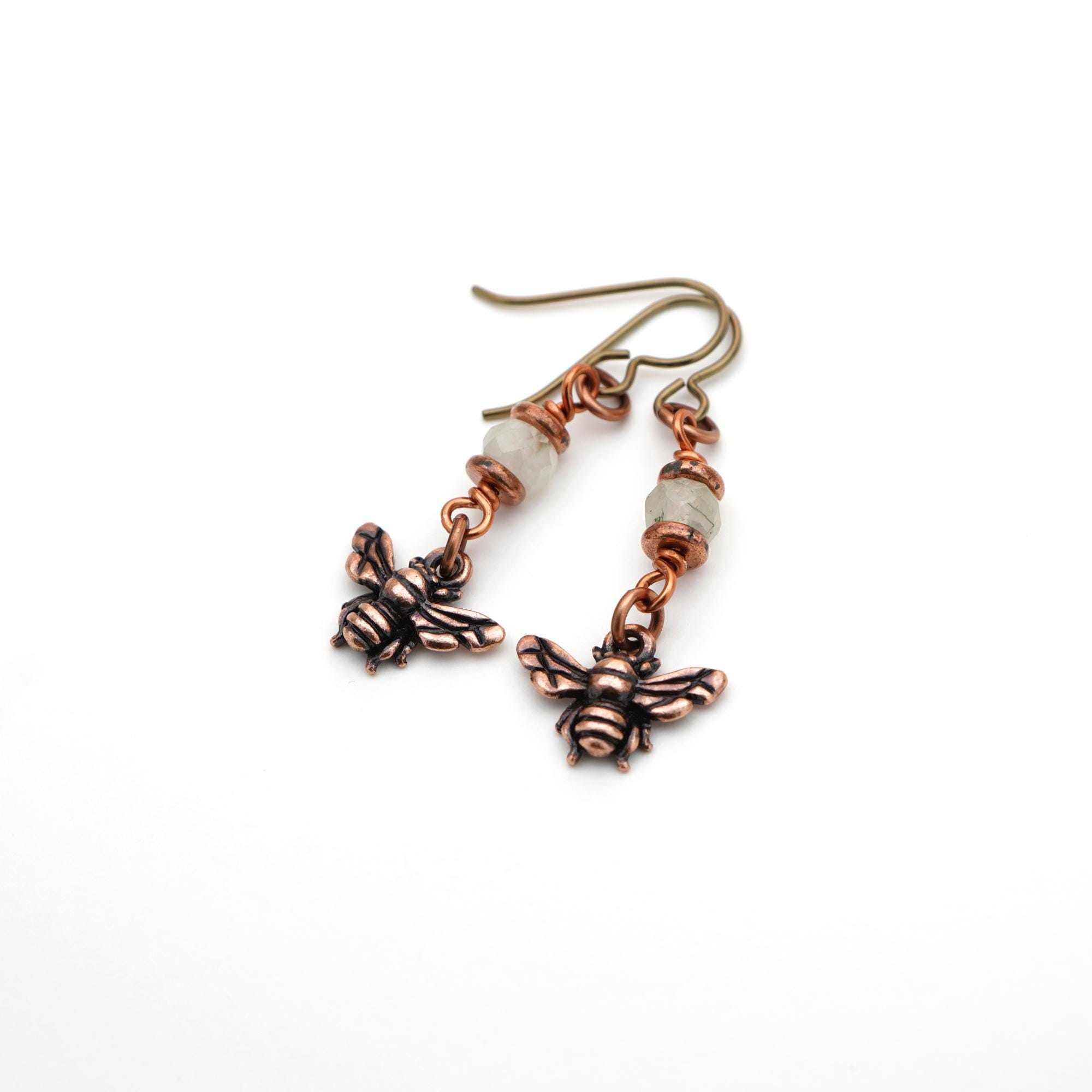 Bee Charm Earrings, Niobium French Hooks, Light Green Prehnite Stone Beads, 1 3/4 Inches Long