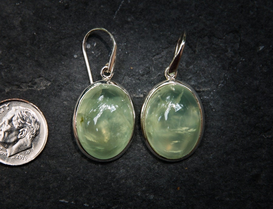 Prehnite Cabochon Earrings - 925 Sterling Silver Dangles