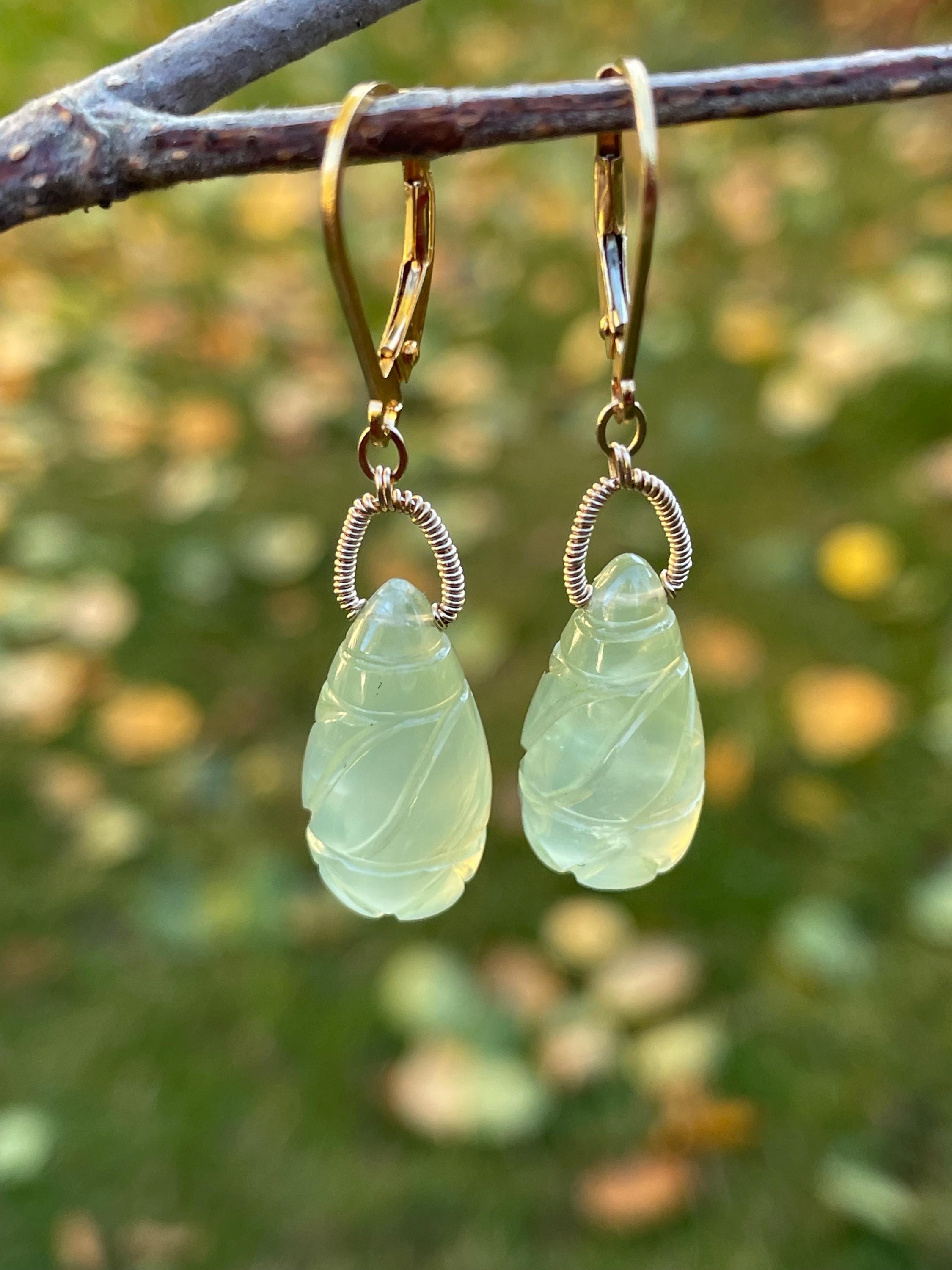 Carved Prehnite ,14k Gold Fill Lever Back Earrings Carved Prehnite ,14k Gold Fill Lever Back Earrings