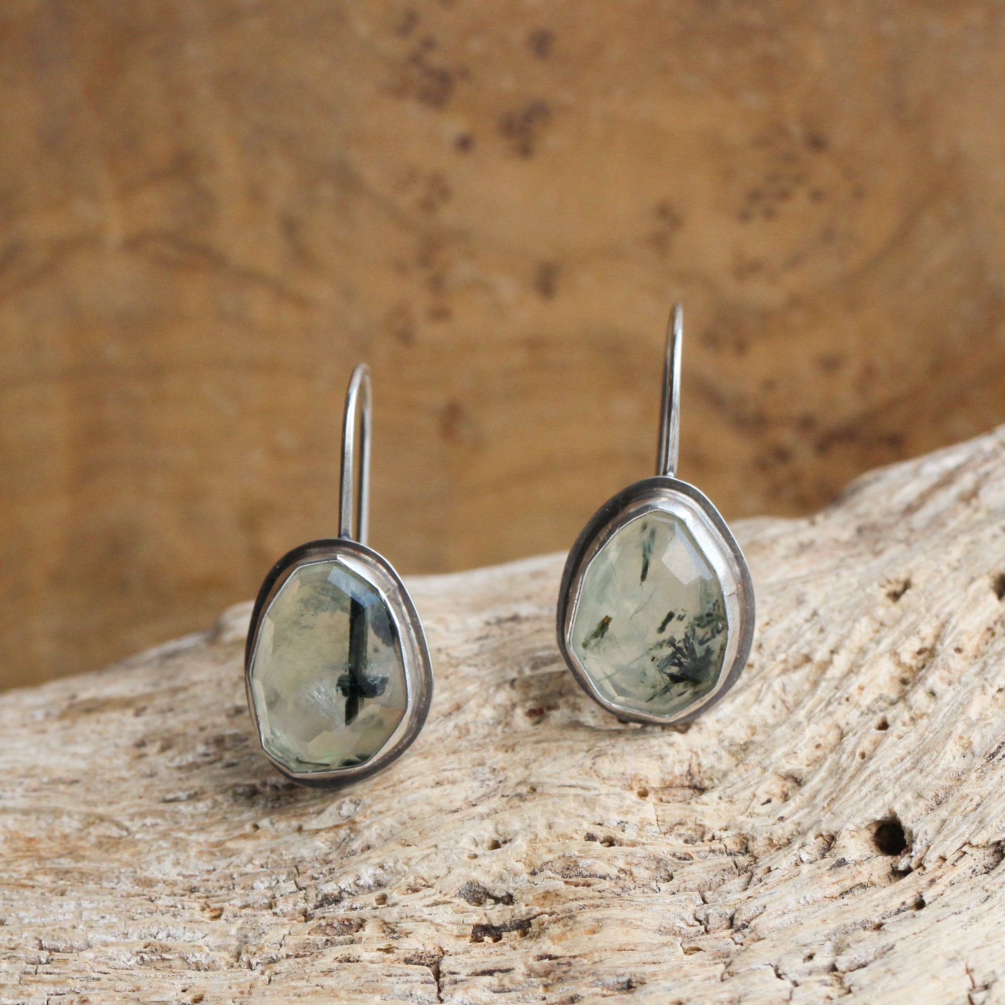 Prehnite Drop Earrings - Prehnite Earrings - French Clip Earrings - Silversmith Earrings - Ooak