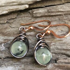 Green Prehnite Earrings: Copper Wire Wrapped Teardrop Gemstone