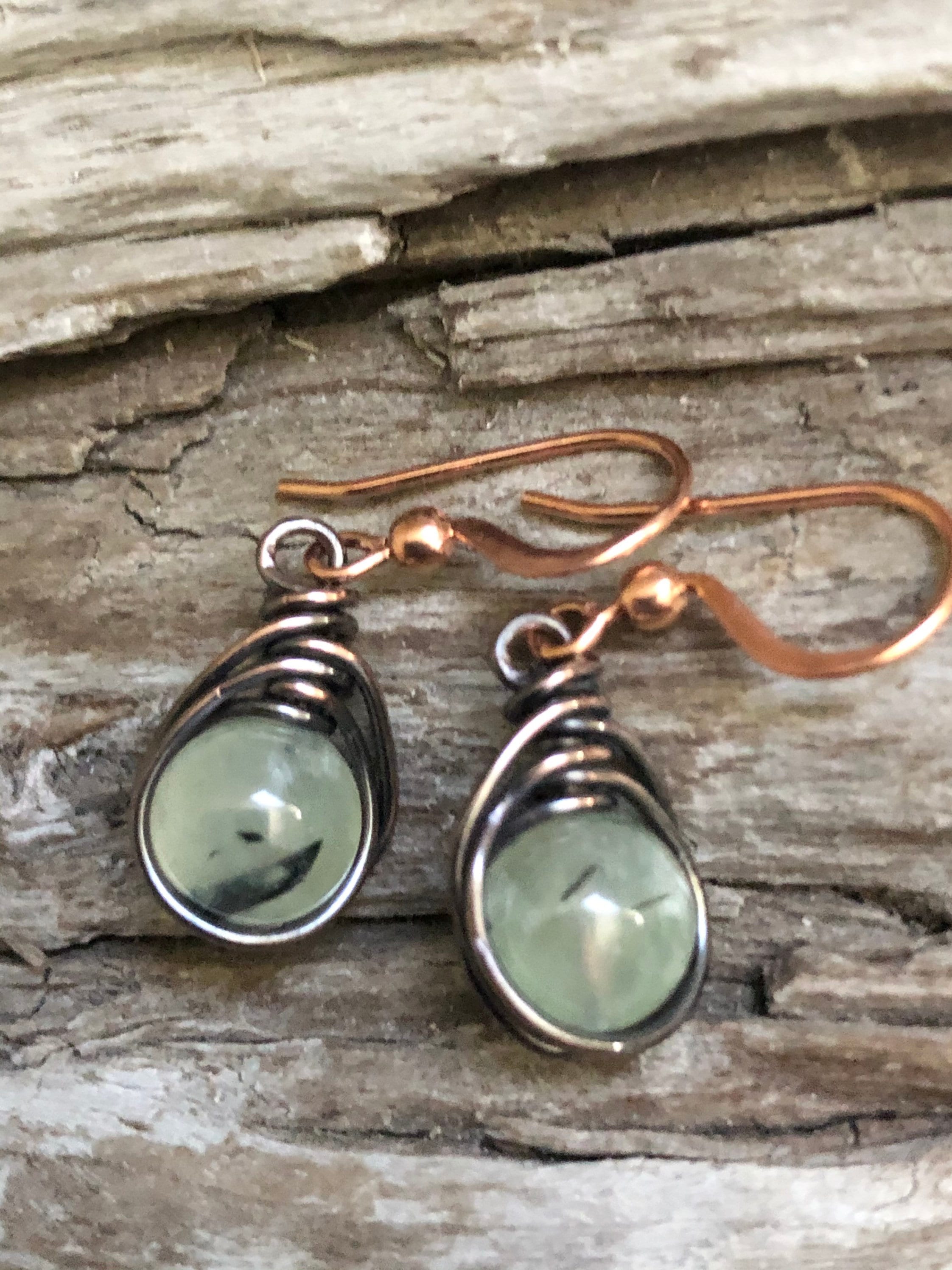 Green Prehnite Earrings: Copper Wire Wrapped Teardrop Gemstone