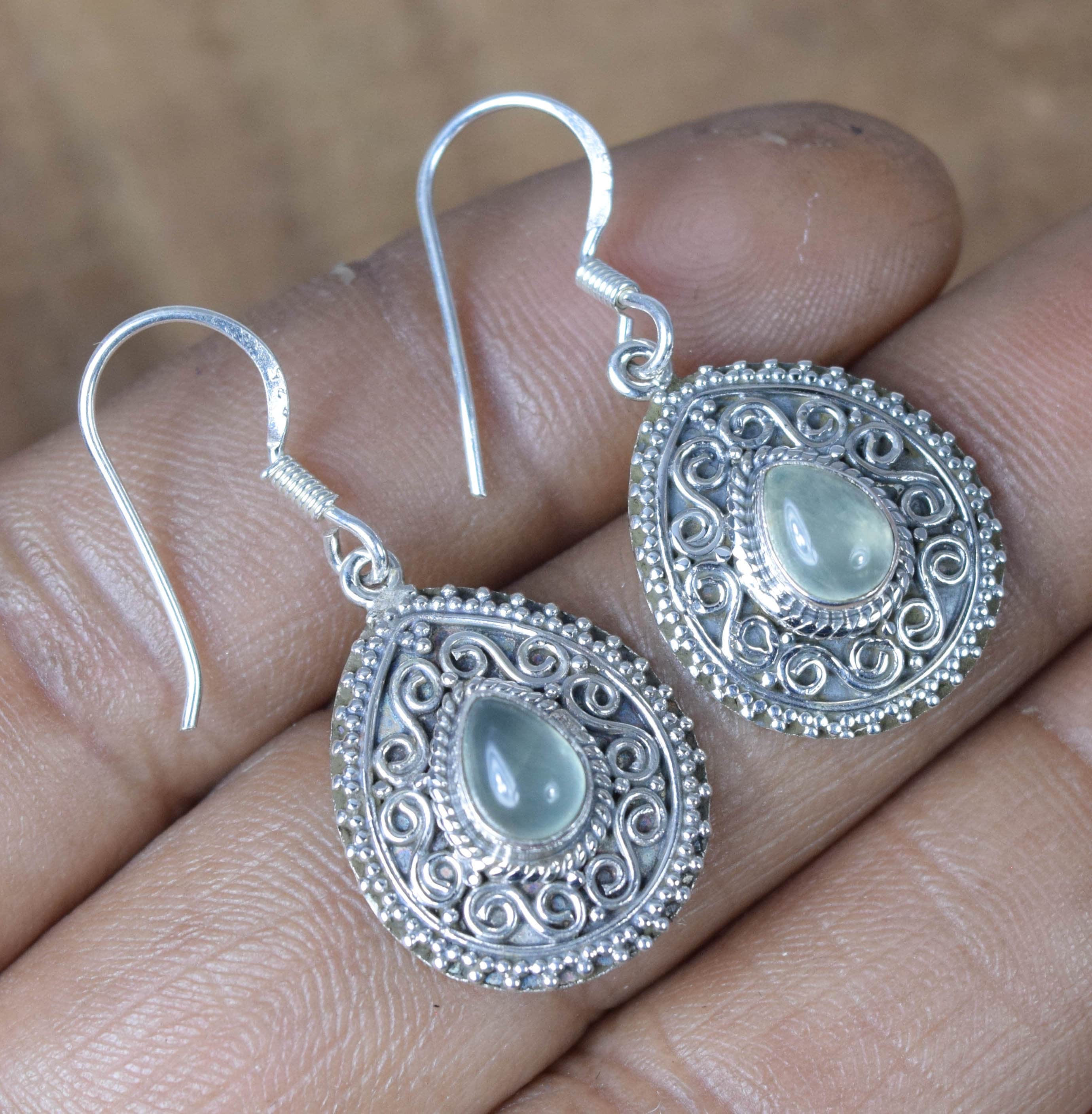 Green Prehnite Sterling Silver Hook Earrings: Handmade Designer Jewelry