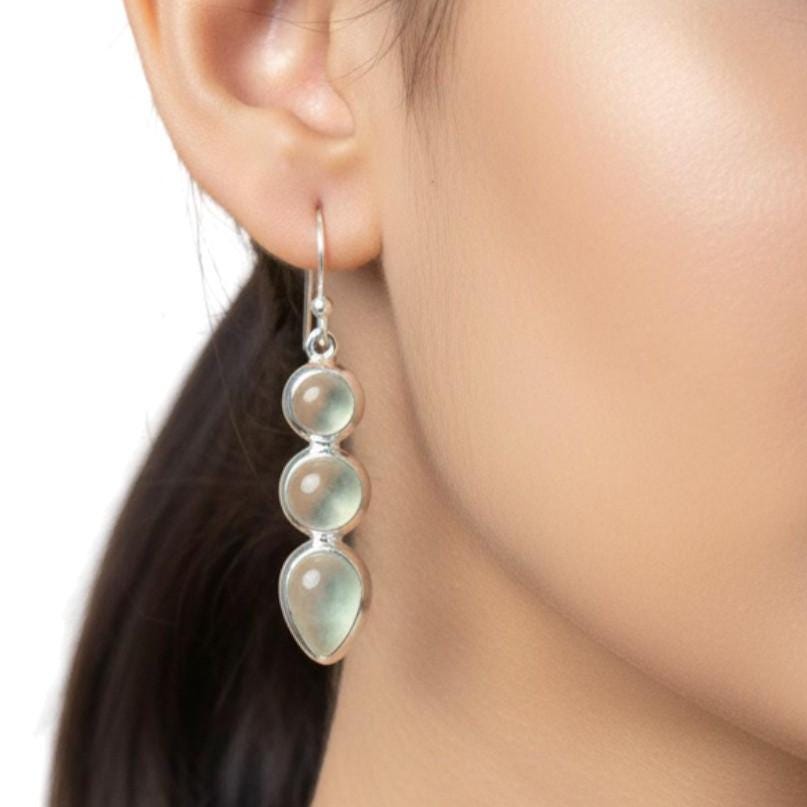 Green Prehnite Sterling Silver Earrings: Handmade 3-stone Jewelry